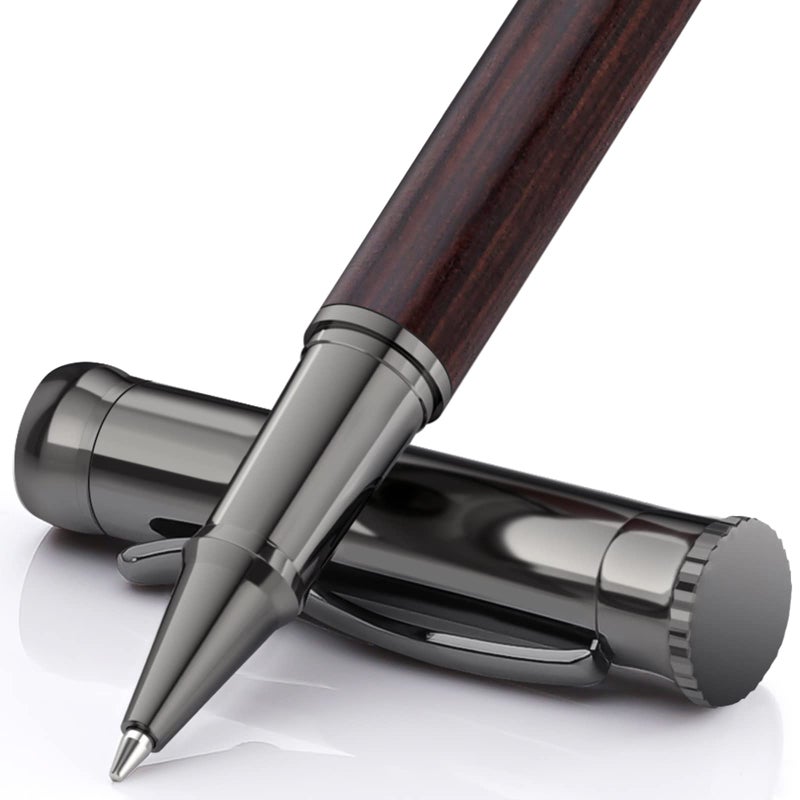 WEMATE Wood Rollerball Pen Set  Extra 2 Ink Refills(1 Black & 1 Blue)  Fancy Writing Pen Nice Luxury Office Gift for Men  Professional  Executive  Cool Wooden Pen for Journaling - Black Oak - Image 1
